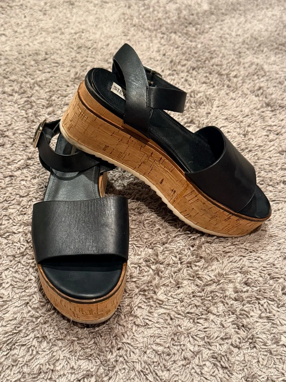 Steve Madden Corrina Black Platform Cork Sandals